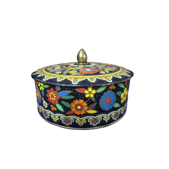 Daher Cloisonne Style 1970s Vintage Hand Painted Floral Biscuit Tin with Lid GUC - Picture 2 of 14